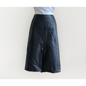 VTG 80s Cache Black Leather Skirt Size 6 A-Line Double Slit Knee Length Lined